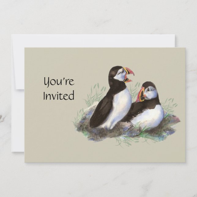 Watercolor Invite Cute Puffin Bird (Front)