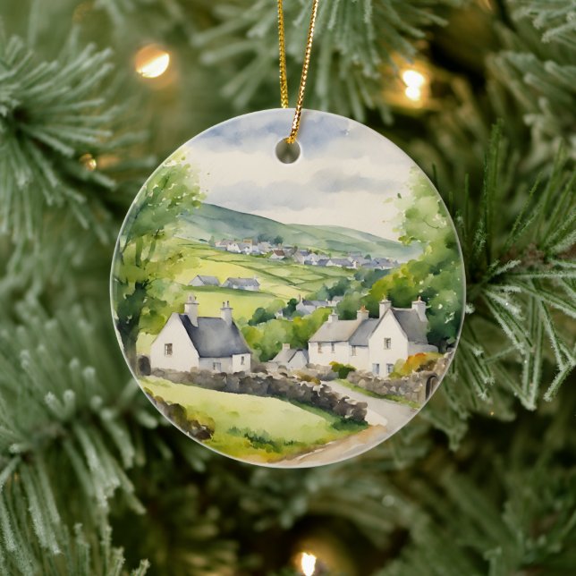 Watercolor Ireland Village Ceramic Ornament (Tree)
