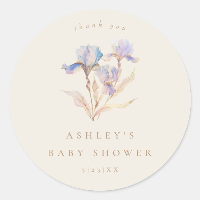 Watercolor Iris Baby Shower Classic Round Sticker (Front)