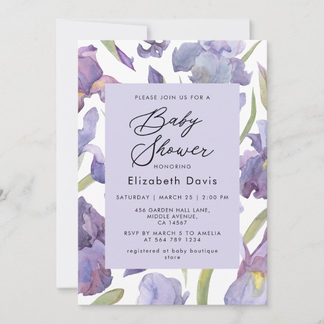 Watercolor Iris Floral Spring Garden Baby Shower  Invitation (Front)