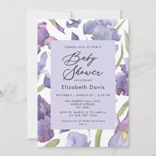 Watercolor Iris Floral Spring Garden Baby Shower  Invitation