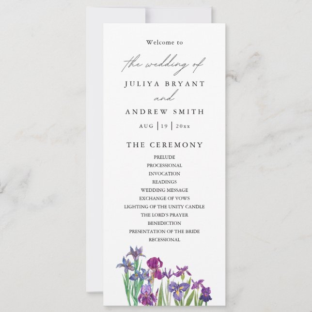 Watercolor Iris floral wedding programme card (Front)