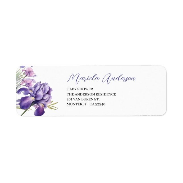 Watercolor Iris Flower  bridal shower Label (Front)