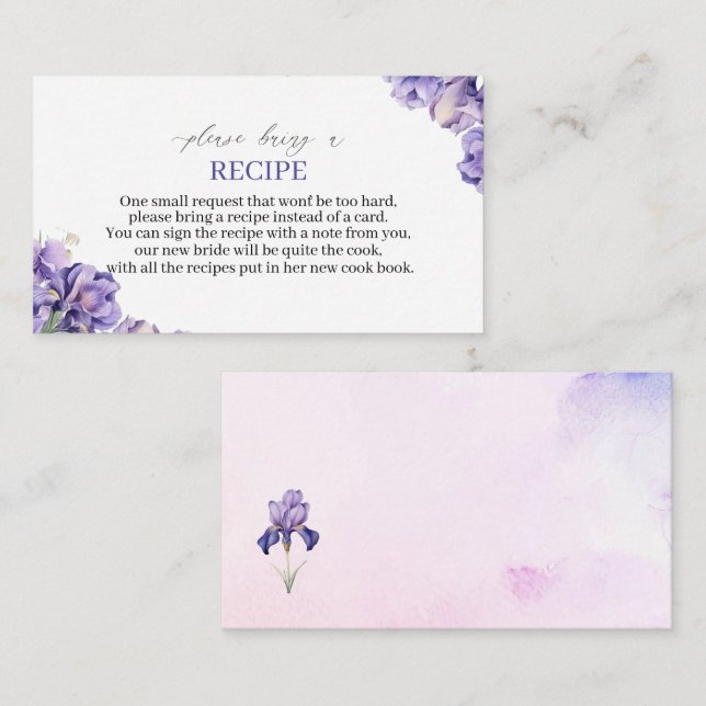 Watercolor Iris Lilac Flowers Recipe card bridal s (Front/Back)