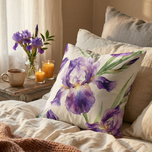 Watercolor Iris Purple Romantic Floral Botanical  Throw Pillow