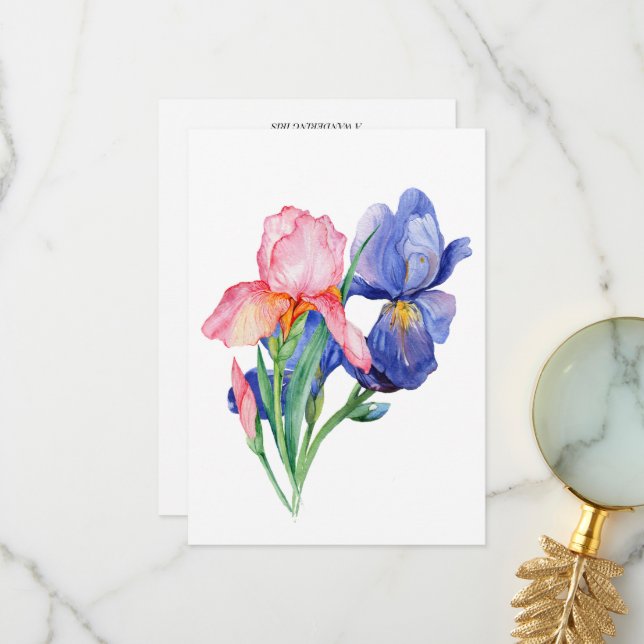Watercolor Iris Thank You Card. (Front/Back In Situ)