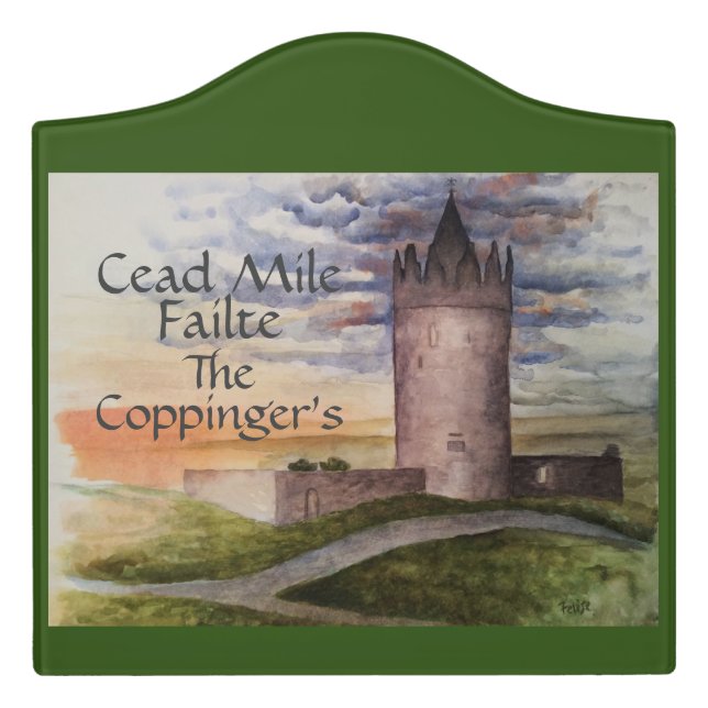 Watercolor Irish Castle Family Name Door Sign (Large Crest Front)