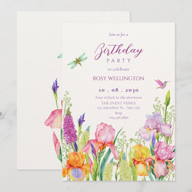 Watercolor irish flowers birthday invitation (Front/Back)