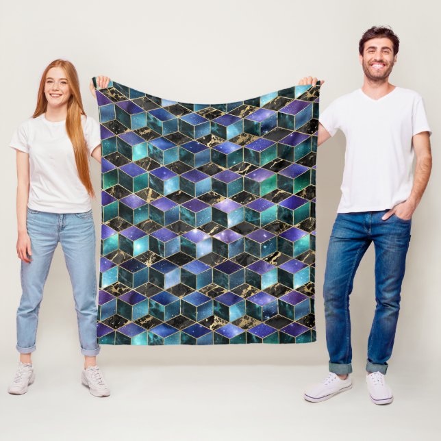Watercolor Isometric with Gold and Marble Galaxy Fleece Blanket (In Situ)