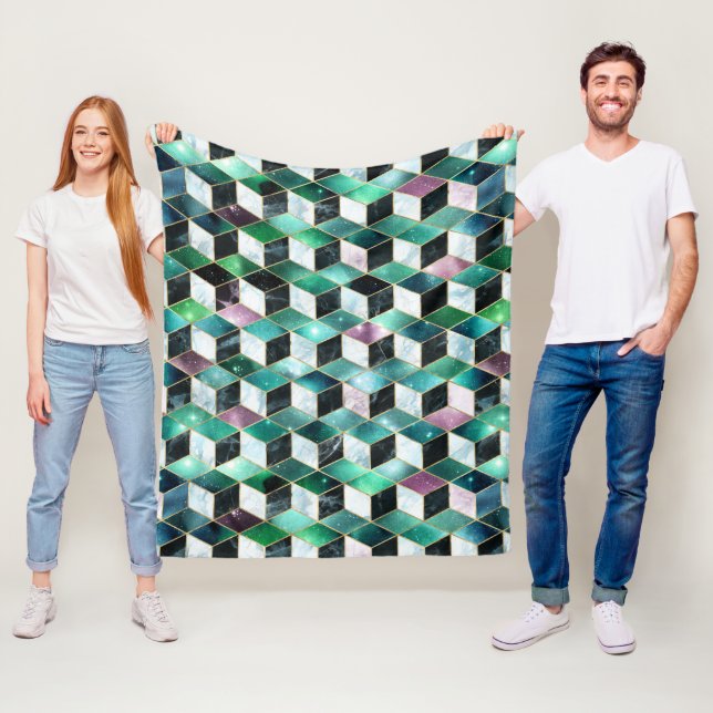 Watercolor Isometric with Gold and Marble Galaxy Fleece Blanket (In Situ)