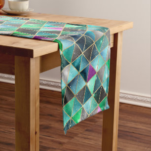 Watercolor Isometric with Gold and Marble Galaxy Short Table Runner