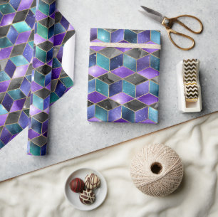 Watercolor Isometric with Gold and Marble Galaxy Wrapping Paper