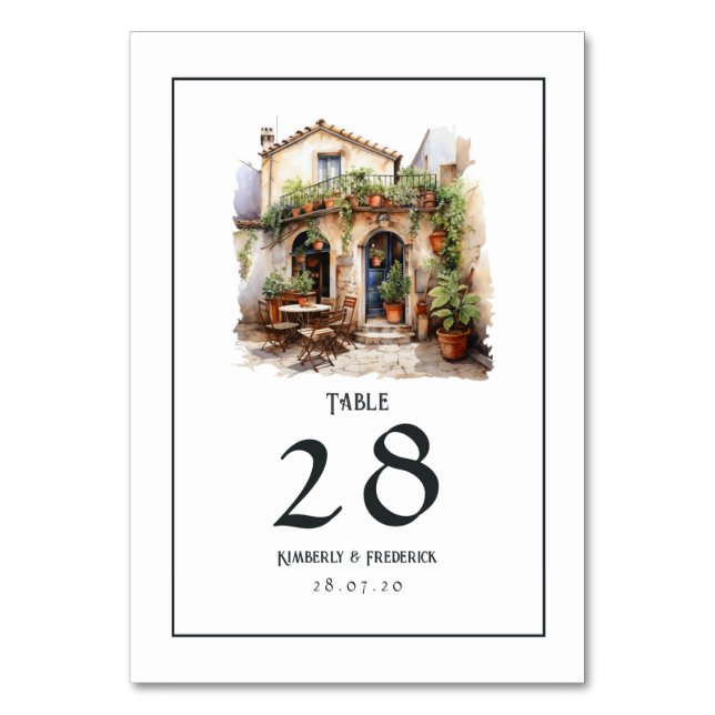 Watercolor Italian Destination Wedding Table Number (Front)