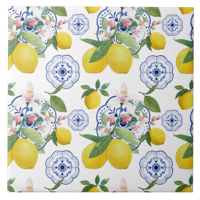 Watercolor Italian Lemon Pattern Tile  (Front)