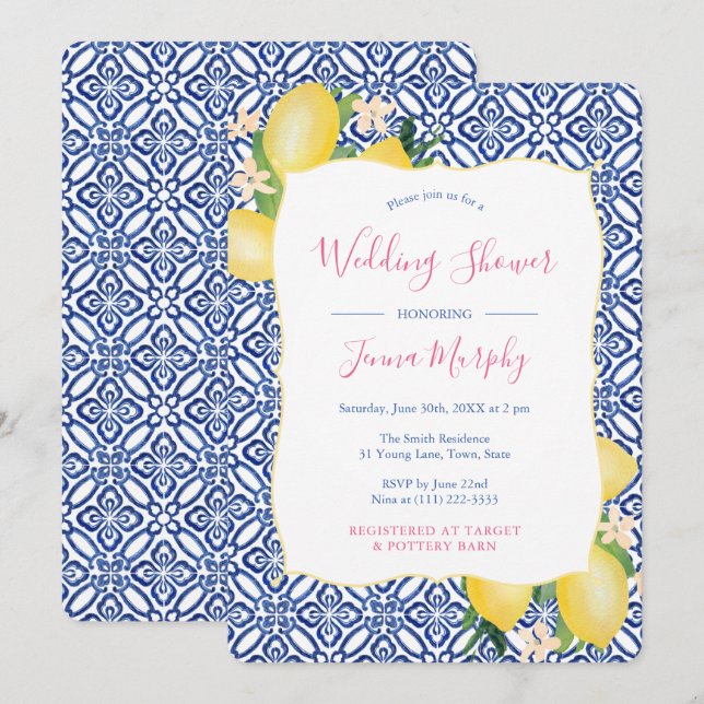 Watercolor Italian Lemons Blue Tile Wedding Shower Invitation (Front/Back)