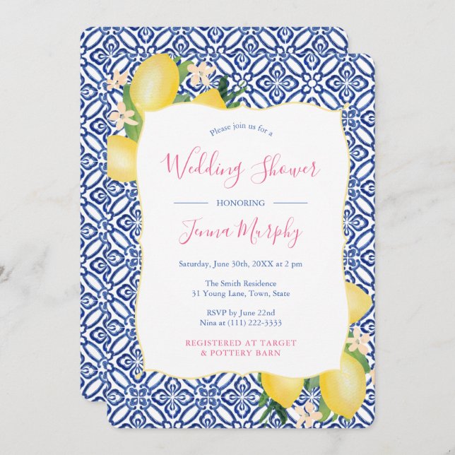 Watercolor Italian Lemons Blue Tile Wedding Shower Invitation (Front/Back)