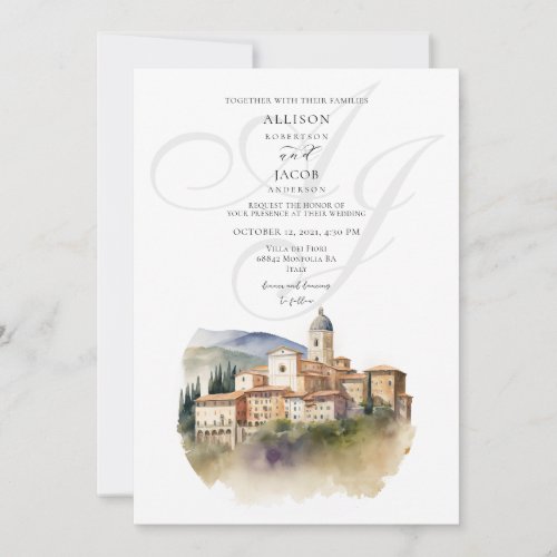 Watercolor Italian Monogram Destination Wedding Invitation