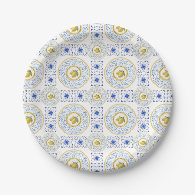   Watercolor Italian Tile Lemon Pattern Paper Plates (Front)