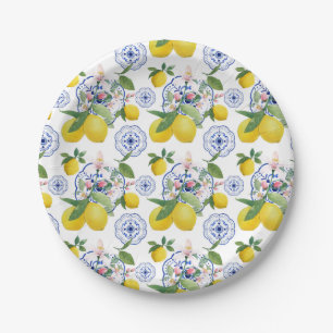 Watercolor Italian Tile Lemon Pattern Paper Plates