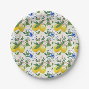 Watercolor Italian Tile Lemon Pattern Paper Plates