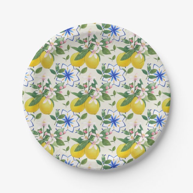   Watercolor Italian Tile Lemon Pattern Paper Plates (Front)