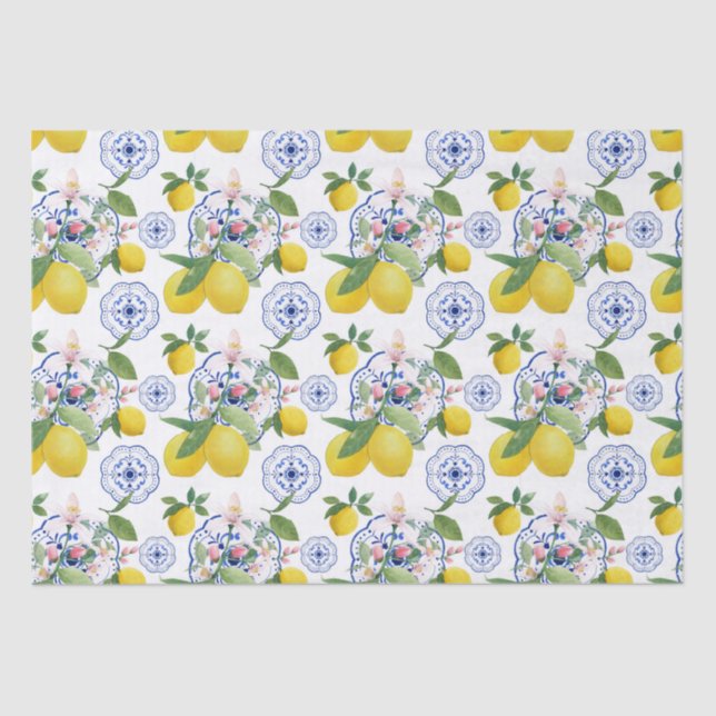   Watercolor Italian Tile Lemon Pattern Tissue Paper (Front)