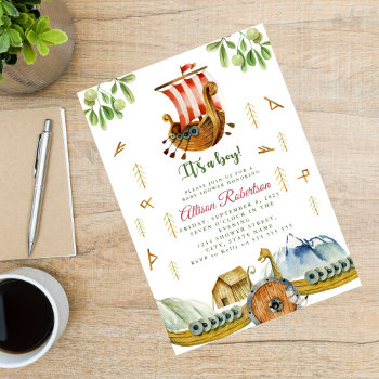 Watercolor It's A Boy Vikings Party Baby Shower Invitation by shabnamahsandesigns at Zazzle
