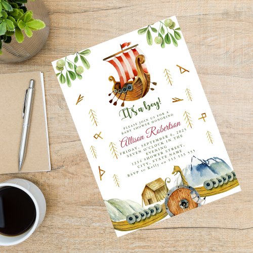 Watercolor Its A Boy Vikings Party Baby Shower Invitation