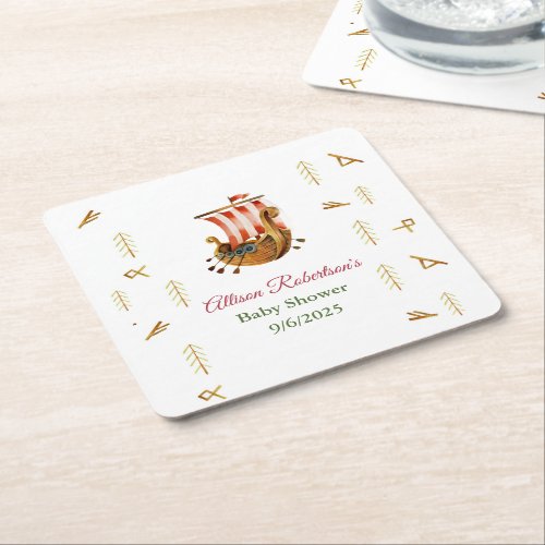 Watercolor Its A Boy Vikings Party Baby Shower Square Paper Coaster