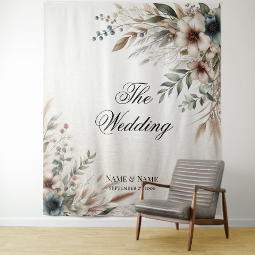 Watercolor Ivory Blue Flowers Backdrop