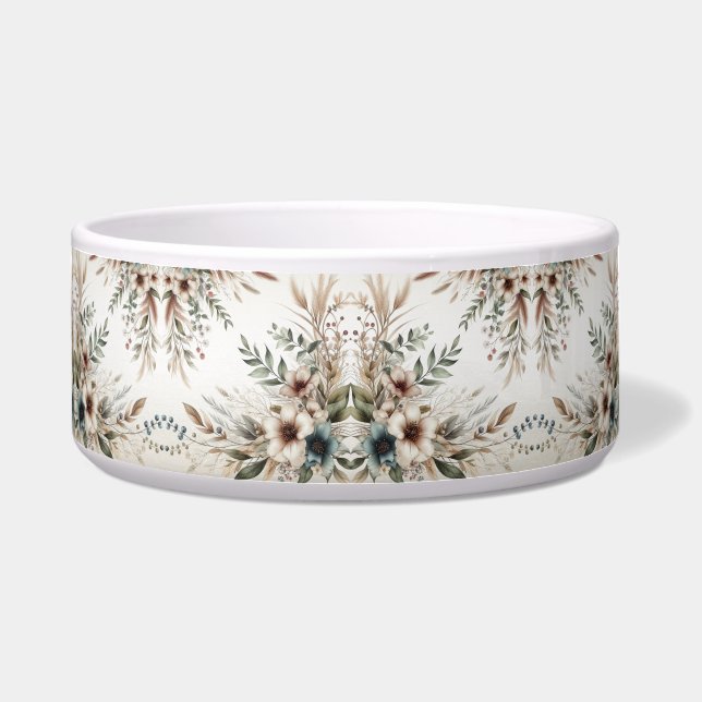 Watercolor Ivory Blue Flowers Ceramic Pet Bowl (Front)