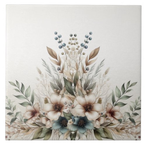 Watercolor Ivory Blue Flowers Ceramic Tile