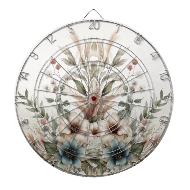 Watercolor Ivory Blue Flowers Dartboard (Front)