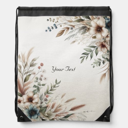 Watercolor Ivory Blue Flowers Drawstring Backpack