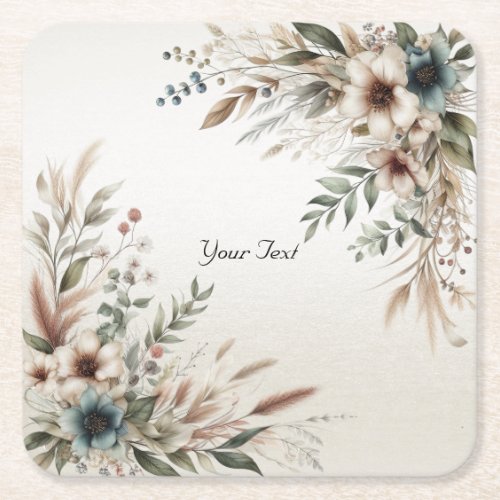 Watercolor Ivory Blue Flowers Paper Coaster