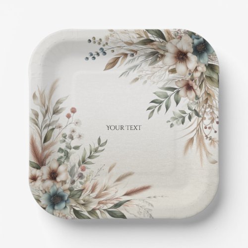 Watercolor Ivory Blue Flowers Paper Plate