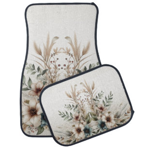 Watercolor Ivory Blue Flowers Set of Car Mats