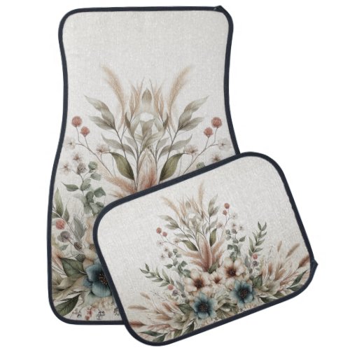 Watercolor Ivory Blue Flowers Set of Car Mats