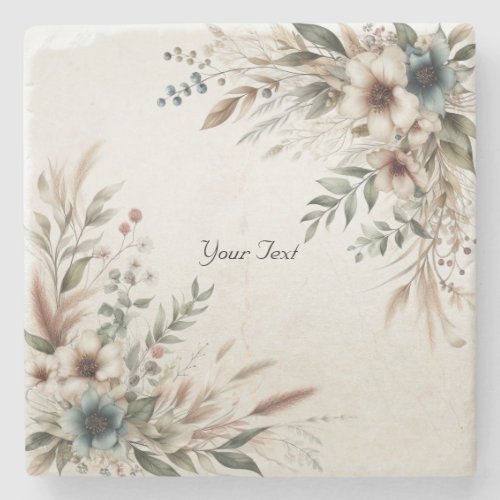 Watercolor Ivory Blue Flowers Stone Coaster