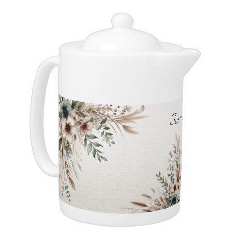 Watercolor Ivory Blue Flowers Teapot