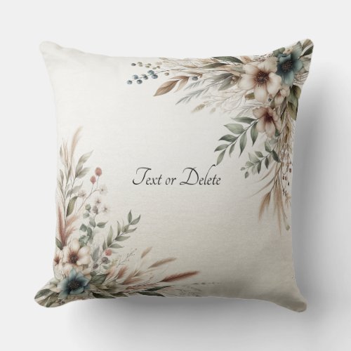 Watercolor Ivory Blue Flowers Throw Pillow
