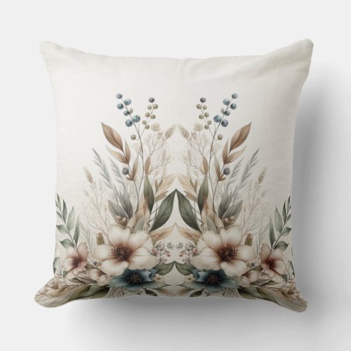 Watercolor Ivory Blue Flowers Throw Pillow