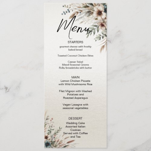 Watercolor Ivory Blue Flowers Wedding Menu