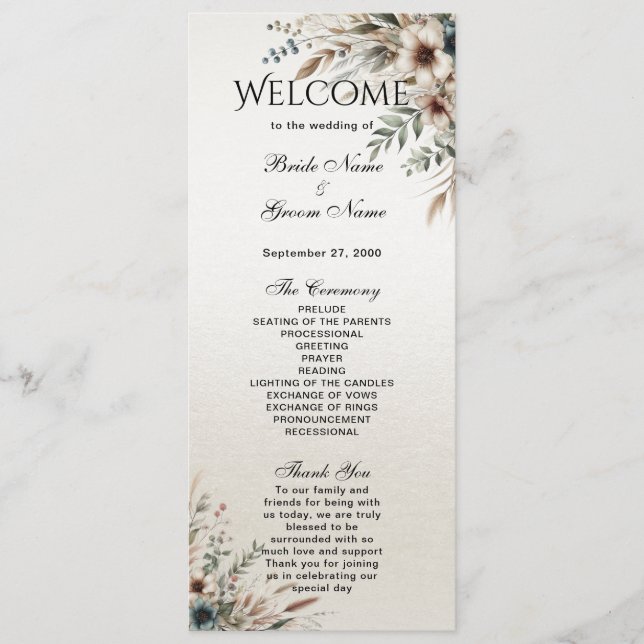 Watercolor Ivory Blue Flowers Wedding Program (Front)
