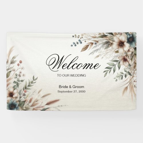 Watercolor Ivory Blue Flowers Welcome Banner