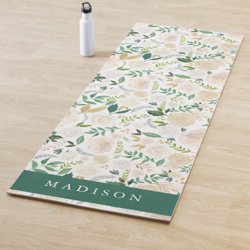 Watercolor Ivory Cream Floral  Greenery Yoga Mat