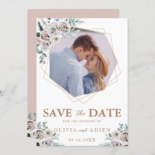 Watercolor Ivory Floral Geometric Photo Save The Date