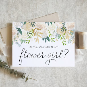 Watercolor Ivory Floral Gold Flower Girl Proposal Card