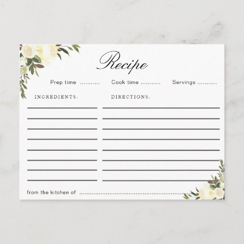 watercolor ivory floral recipe card