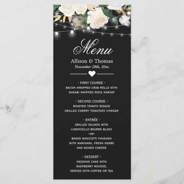 Watercolor Ivory Floral String Lights Wedding Menu (Front)
